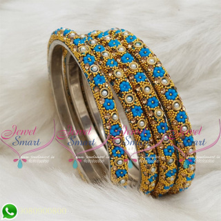 Lac Bangles Ferozi Blue Colour Indian Jewelry 4 Pieces Set Matching B18677