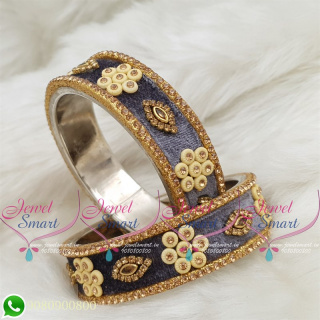 Grey Colour Velvet Lac Bangles Handmade Brass Base Matching Jewellery B18657