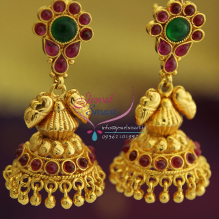 Gold Plated Kempu Temple Stones Jhumka Earrings Delicate Handmade