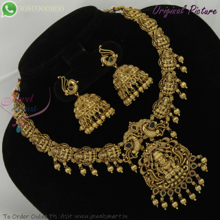 Temple Antique Gold Lakshmi Necklace Set with Jhumka Earrings – Traditional Bridal Jewellery NL29299