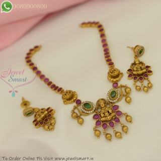 Temple Antique Lakshmi Devi Necklace Set with Ruby & Emerald Stones NL27289