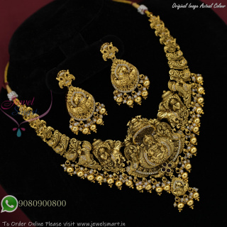 Temple Jewellery Antique Lakshmi Long Necklace with Earrings | Gold Look Bridal Set NL27446