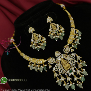 Temple Lakshmi Design CZ Necklace Set with Green Beads and Pearl Drops – Antique Gold Plated Bridal Jewellery NL27335