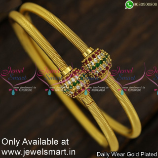Thin AD Stone Ball Spring Kappu Gold Bangles Design Set of 2 Fashion Jewellery B23997