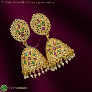Uncut Diamond Finish Gold Plated Jhumka with Ruby Emerald Stones - Fashion Jewelry for Women J1183N
