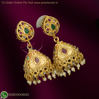 Uncut Diamond Finish Gold Plated Jhumka Earrings with Ruby & Emerald Stones - Fashion Jewelry  J1186N