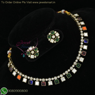 Victorian Style Navratna Stone Necklace Set with Antique Blackish Gold Finish NL26980