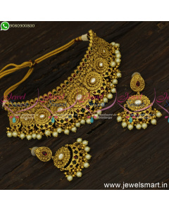 1 Gram Gold Antique Kundan Choker Necklace Set Branded Jewellery Concept NL24667