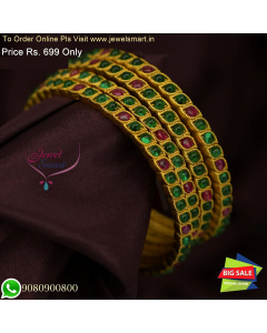 2.2 Size Antique Gold Design Bangles - 4 Pcs Eye Cut Kemp Stones - Offer Prices B26676