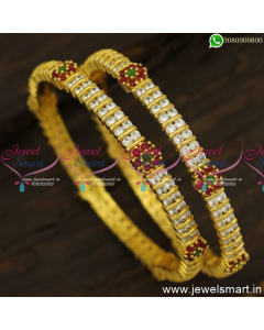 2 Line Stones Getti Metal Gold Bangles Design Floral Mugappu Online B24642
