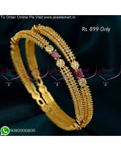 3 Line CZ Stones Floral Design CZ White Ruby One Gram Gold Bangles B25322