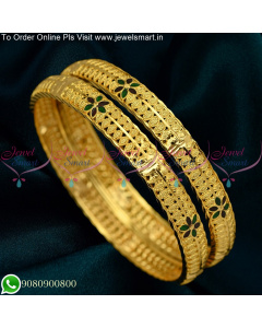 Broad Hollow Design Floral Meenakari One Gram Gold Bangles B25326