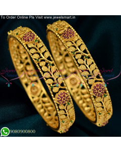 Light Weight Broad One Gram Gold Bangles Leaf Design Ruby Emerald B25325