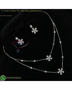 92.5 Silver Double Layer Chain Necklace with White CZ Stones &amp; Small Ear Studs NL27002