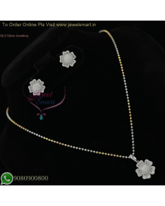 92.5 Silver Fancy Ball Chain with Floral CZ White Pendant and Earrings Set - Latest Design NL27007