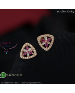 Triangular CZ Stud Earrings with Green or Pink Accents – 92.5 Silver, Rose Gold, 10mm SE27370