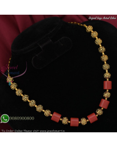 Antique Gold Finish Beaded Necklace with Red Tube Stones – Traditional Style NL27387
