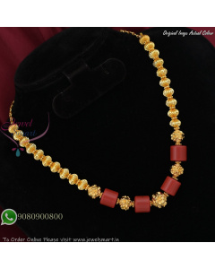 Gold Plated Designer Necklace with Red Tube Stones and Ribbed Beads – Traditional South Indian Style NL27389
