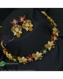 Antique Gold Plated Multicolor Stone Floral Necklace Set with Earrings NL27373