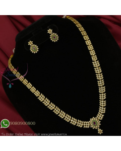 Antique Gold Plated Long Necklace Set with CZ Stones & Green-Pink Pendant – Push Back Earrings