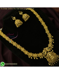 Divine Elegance: Antique Gold Temple Long Necklace Set with Exclusive Nagas Laxmi God-Inspired Design NL26292