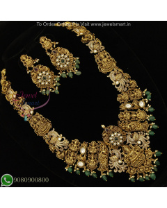Antique Gold Plated Temple Long Necklace with Lakshmi and Peacock Motifs NL27220
