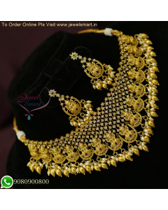 Timeless Opulence: Antique Gold Unique CZ Stones Temple Choker Necklace Set with Rice Pearls and Oval Golden Beads NL26293