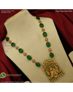 Antique Temple Necklace with Lakshmi Pendant and Green Stone Beads NL0780N