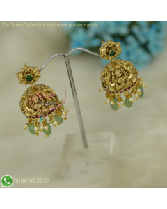 Beautiful Temple Jhumka Earrings with Jade Green Glass Beads & Pearls | Antique Gold Plated Traditional Jewellery NL26826