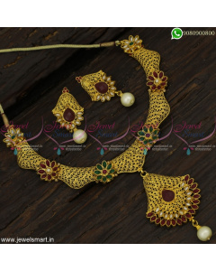 Brass Metal Delicate Antique Fashion Jewellery Set Red Green Light Gold Designs NL22875