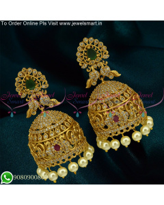Broad Heavy Indian jhumkas For Wedding Sparkling CZ Stones Antique Gold J25345