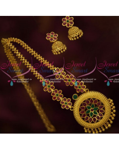 Fancy Color Stones Gold Necklace Design With Trendy Jhumkas Online PS15212A