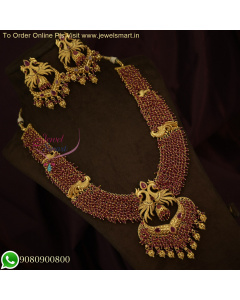 Unique Crystal Elegance: Handcrafted Temple Jewellery Long Necklace Set with Colorful Danglers - Antique Gold South Indian Splendor NL22394N