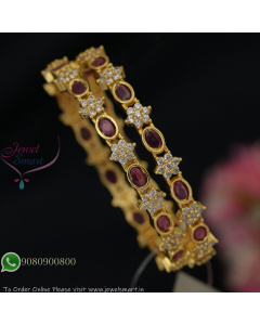 Gold Plated CZ Bangles with Red Oval Stones – Diamond Look Forming Jewellery B27320