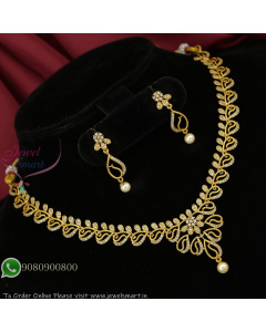 Dull Gold Plated CZ Leaf Design Necklace Set With Earrings & Pearl Drops – Diamond Look Jewellery NL27354
