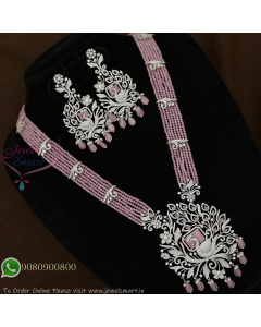 Peacock CZ Pendant Pink Beads Long Necklace Set | Elegant Diamond Look Jewellery for Women NL29362