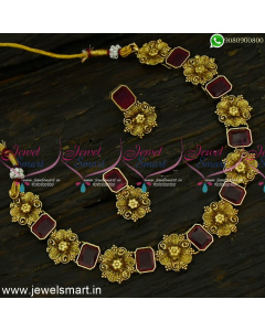 Delicate Floral Mild Gold Square Stone Stylish Necklace Set Colour Options NL24849