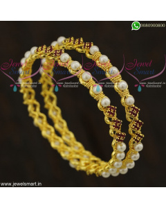 Designer Pearl Bangles Gold Plated Set Imitation Jewellery Online Ruby Emerald Stones B21821