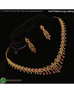 Diamond Look Gold Plated Necklace Set with AD Stones & Screwback Earrings – Long Lasting Party Wear NL27255