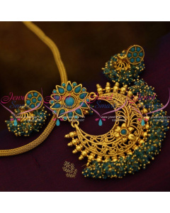 Colour Beads Dollar Chain Designs Antique Gold Plated With Jhumka Earrings PS9005A