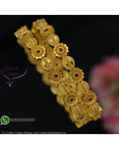 Traditional Floral Forming Gold Bangles With Ruby Stone Accent – Real Gold Replica B27319