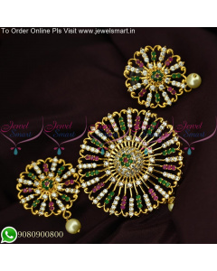 Sun Inspired Multi Color CZ Stones Pendant and Earrings Set Gold Plated PS25586M