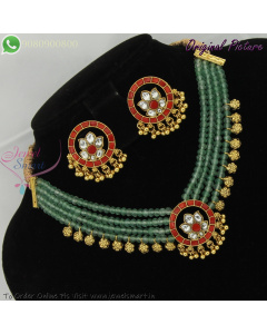 Jadau Kundan Pendant 3 Line Jade Green Crystal Choker Necklace Set Traditional Jewellery NL27296