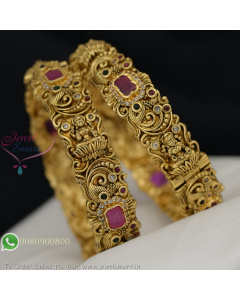 Antique Gold Plated Temple Openable Bangles with Ruby and Green Stones – Bridal Party Wear Jewellery B29343