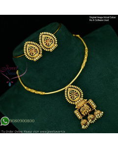 Antique Gold Plated Hasli Necklace Set with Elephant Design Pendant & Matching Earrings NL1087