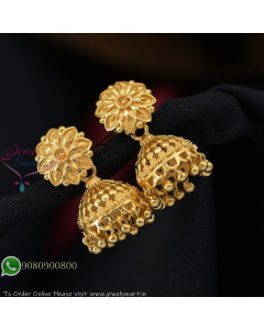 Traditional Gold Plated Jhumka Earrings with Floral Stud | Lightweight Screw Back Jhumkas Design J27342