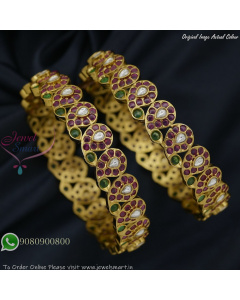 Antique Gold Plated Traditional Kundan Style Bangles – Ruby & Green Stones B27414