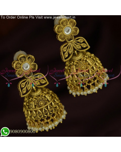 Vintage Floral Design Antique Gold Jhumka Earrings: Add a Touch of Charm to Your Look J25644