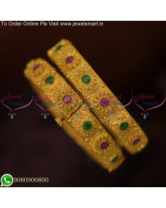 Floral Design Antique Gold Plated Bangles Matte Look Red Green Stones B13801N