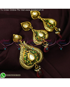 Original Kundan Stones Heart Shape Pendant Earrings Set Antique Gold PS25529